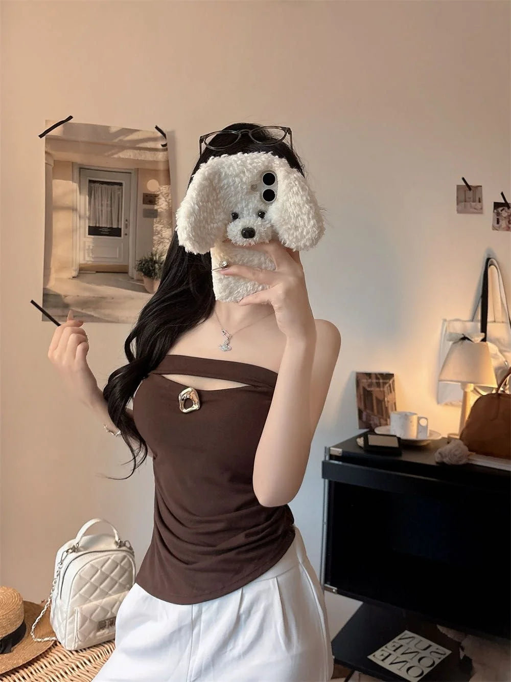 Sexy Slimming Red One-Shoulder Tube Top Women's Summer Fitted Hollow out Chest Pad Korean Style Thin T-Shirt Vest