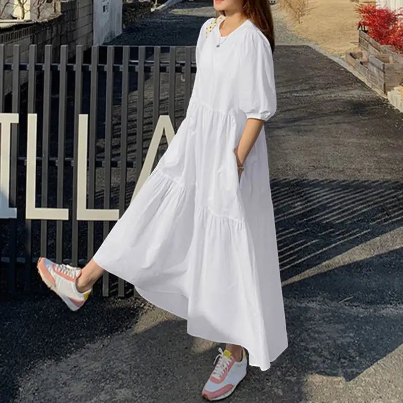 2026 Fashion Puff Short Sleeve Dress for Women Summer Solid Casual Sundress Comfort Cotton Maxi Dress Modest Robe Vestidos Femme