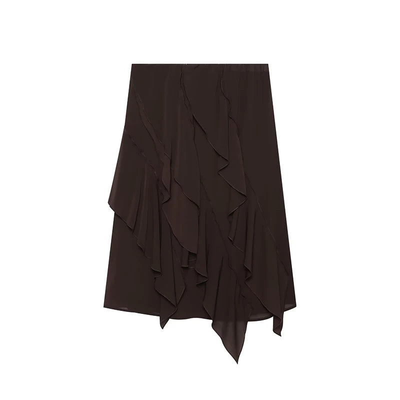 Women's Skirts Summer 2026 New Brown Ruffled Elastic Waist Skirts Women's Fashion Elegant Office Youth Summer Skirts Street