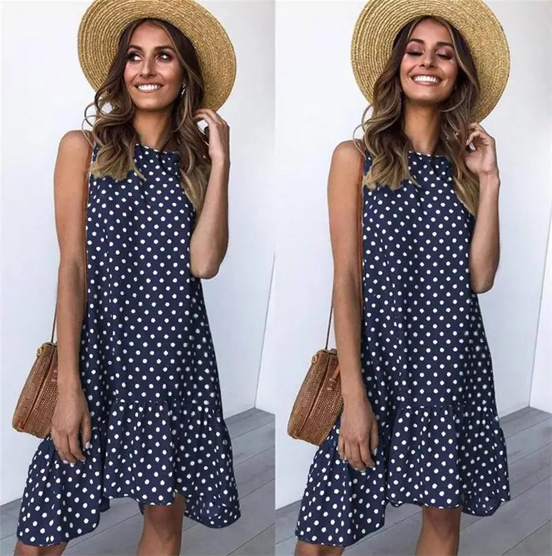 2020 Summer round Neck Sleeveless Polka Dot Loose A-Line Dress with Lace Hem Long Evening Gown Women's Fashion Casual Dress