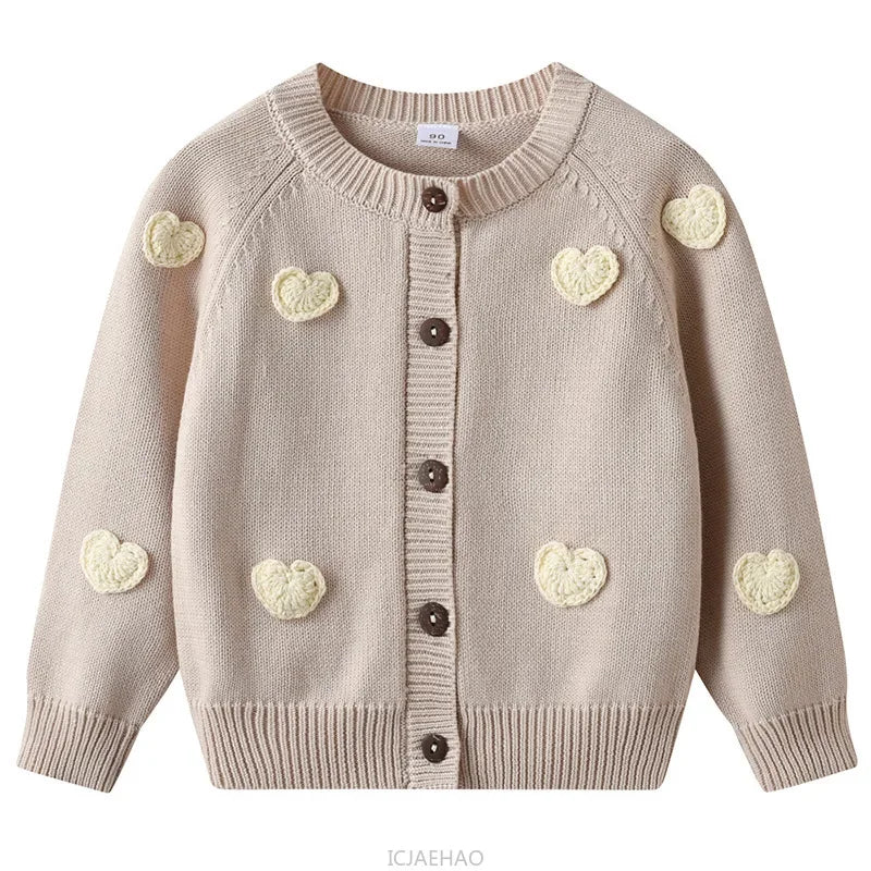 Teen Girl Clothes 2025 Children New Korean Cardigan Girls Knit Jacket Spring Autumn Outfit Style Costume Handmade Heart DIY Kids