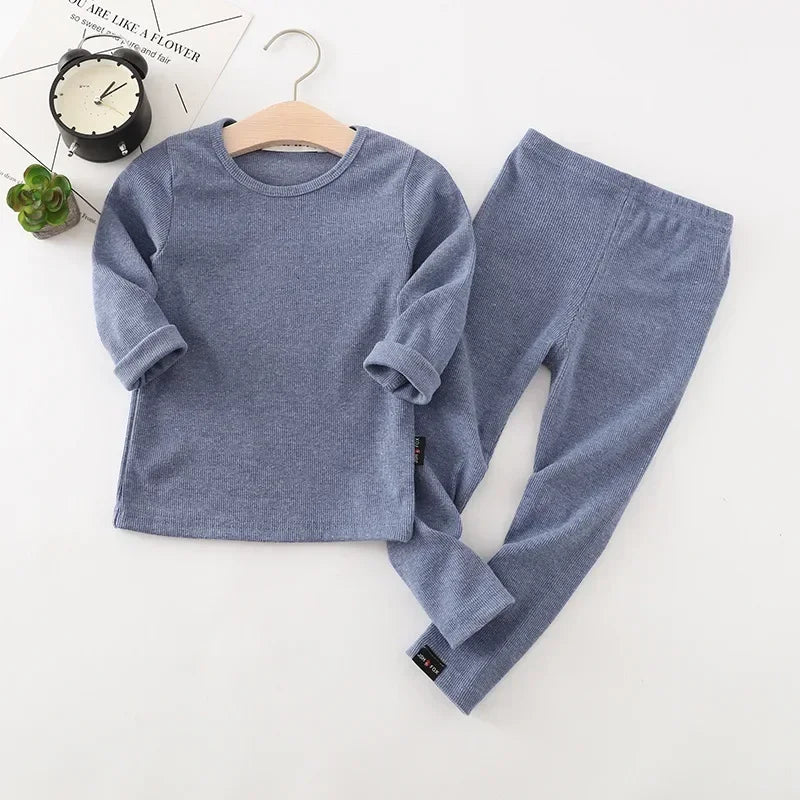 Kids Unisex Ribbed Cotton Pajama Set - Long Sleeve Pullover & Pants