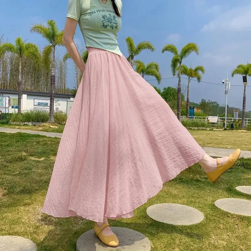 High Quality Cotton Linen Maxi Skirt Women Casual Elastic High Waist Pleated A-Line Beach Skirts Boho Saia Feminina Faldas Jupe