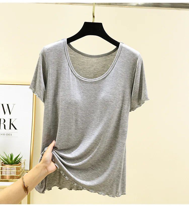 Modal No- Bra T-Shirt One-Piece Short Sleeve Women Summer Wear Casual Solid Color Base Layer Outdoor Wear round Neck T-Shirt