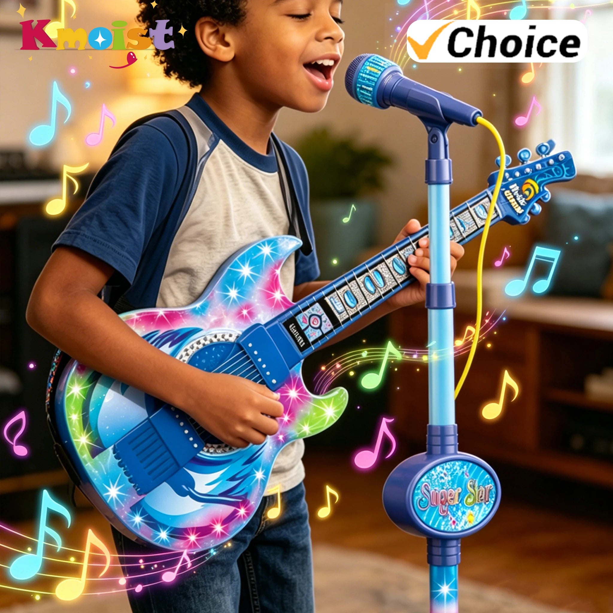 Karaoke Electronic Machine Children's Electric Light Multi-functional Guitar Instrument Set with Microphone Toys for Boys Girls