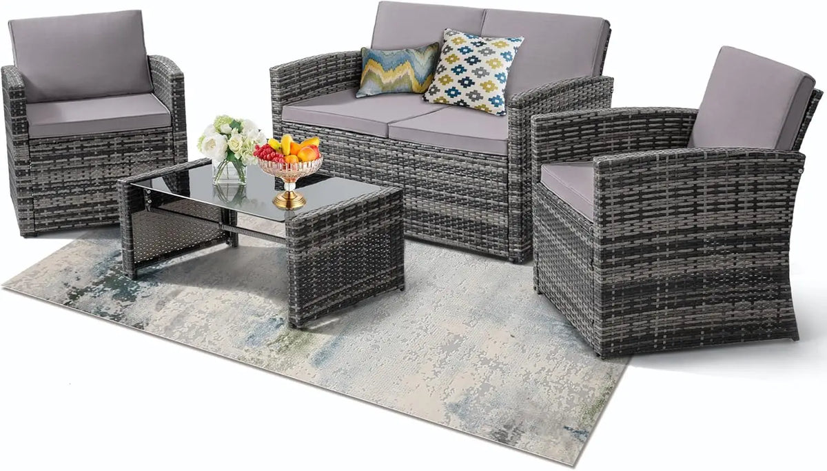 4-Piece Patio Furniture Set, Wicker Outdoor Rattan Sectional Sofa with Cushions and Glass Table, All-Weather Outdoor Conversatio