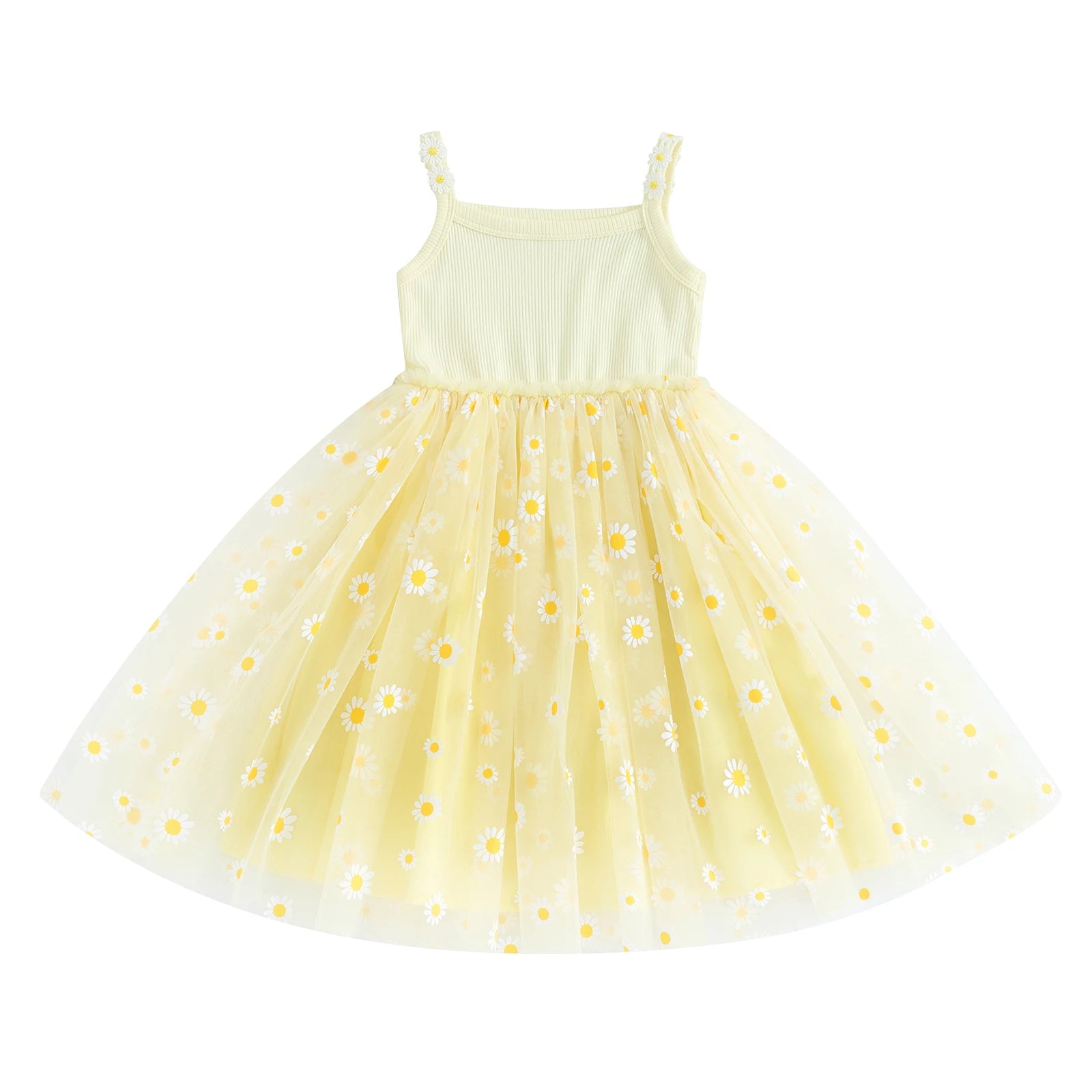 Vestido de princesa A-line de patchwork de malla de margaritas para bebés, sin mangas, ligero, transpirable, para fiesta en la playa.