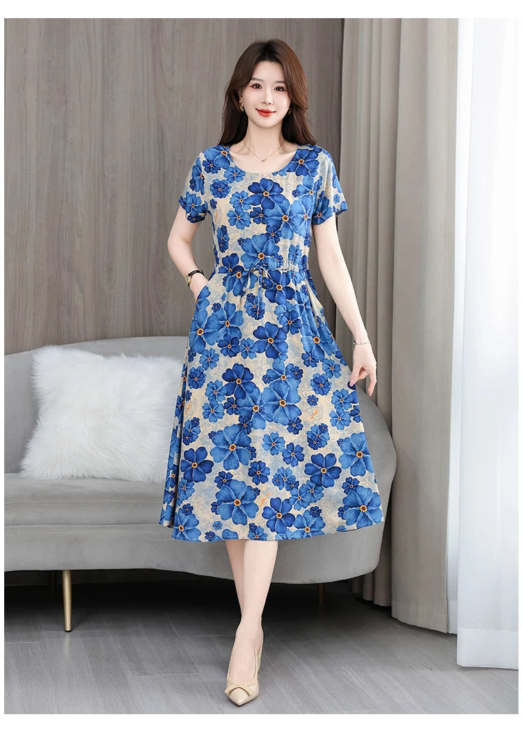 New Elegant Floral Dress  Bohemian plus Size Women Summer Short Sleeve Clothing with Large Hem for Casual Occasions