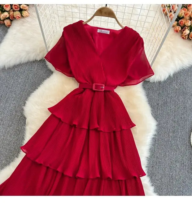 Beach Vaion Vintage Women's V-ne High-waist Cake Dr Ele Aosphere Maxi Skirt Loose Fit ort Sve Ci Commute