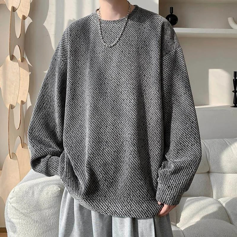 Street Style Round Neck Sweatshirt Men'S Spring Autumn Heavyweight Retro Loose Fit Top High Street Stripe Pattern Casual Wear