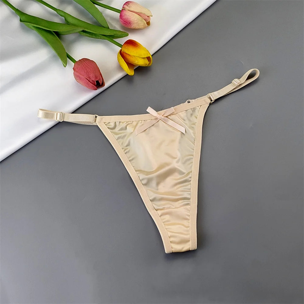 3pcs Sexy Satin Silk Underwear Panties Woman Adjustable Low Waist G Strings Plus Sizes Thong Elastic Waist Culotte Femme