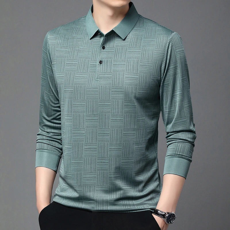 New Men's Business Casual Long Sleeved Shirt Solid Color Polo Shirt Fashionable Breathable Comfortable Versatile Top