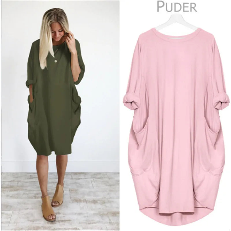Women's Dress Oversize O-neck Loose Red Version Casual Street Pocket Fashion Black Solid Color Beach Vacation Skirt