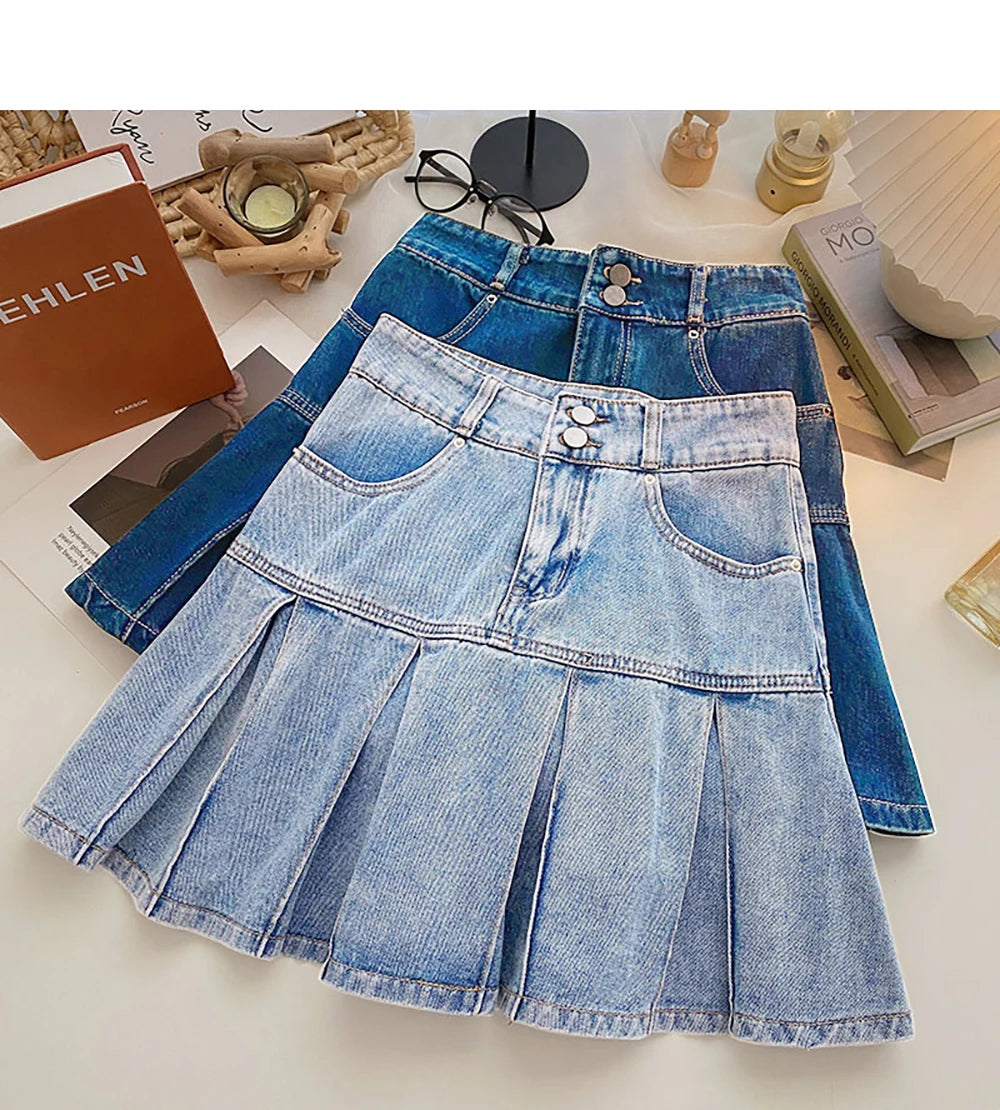 Women Pleated Denim Mini Skirt Summer High Waist Double Button Slim A-Line Skirts with Safety Shorts Y2K Style Party Wear Skirt