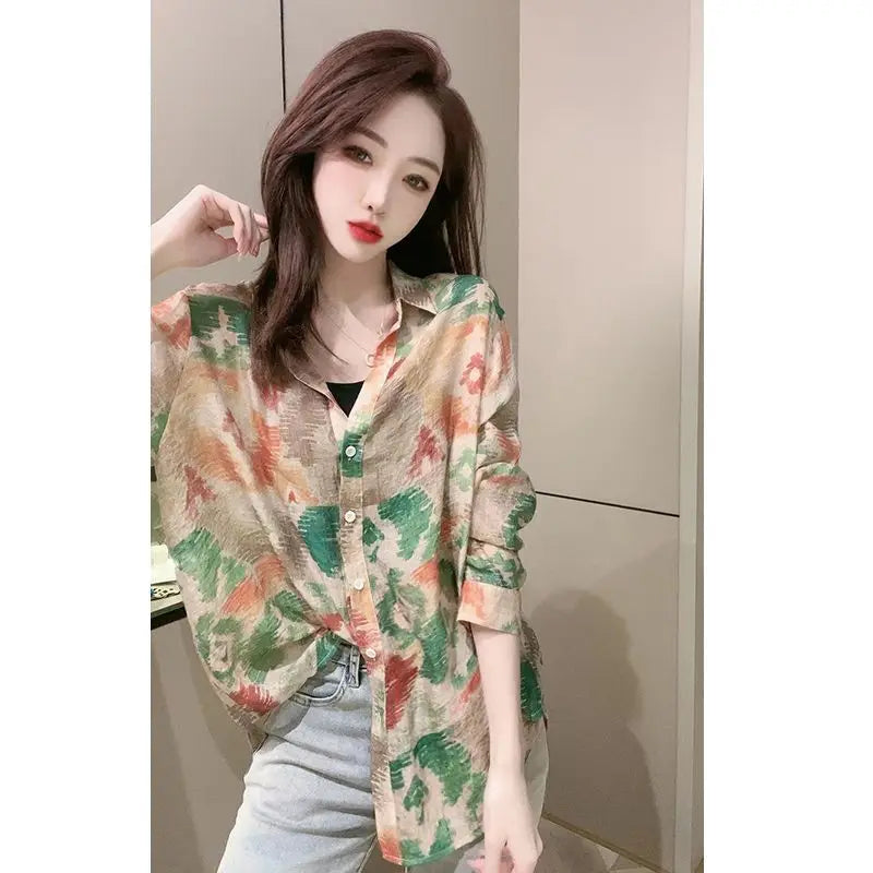 Spring 2026 Floral Print Loose Long Sleeve Women's Shirt Fashionable Versatile Korean Style Commute Polonaise Polyester Fiber