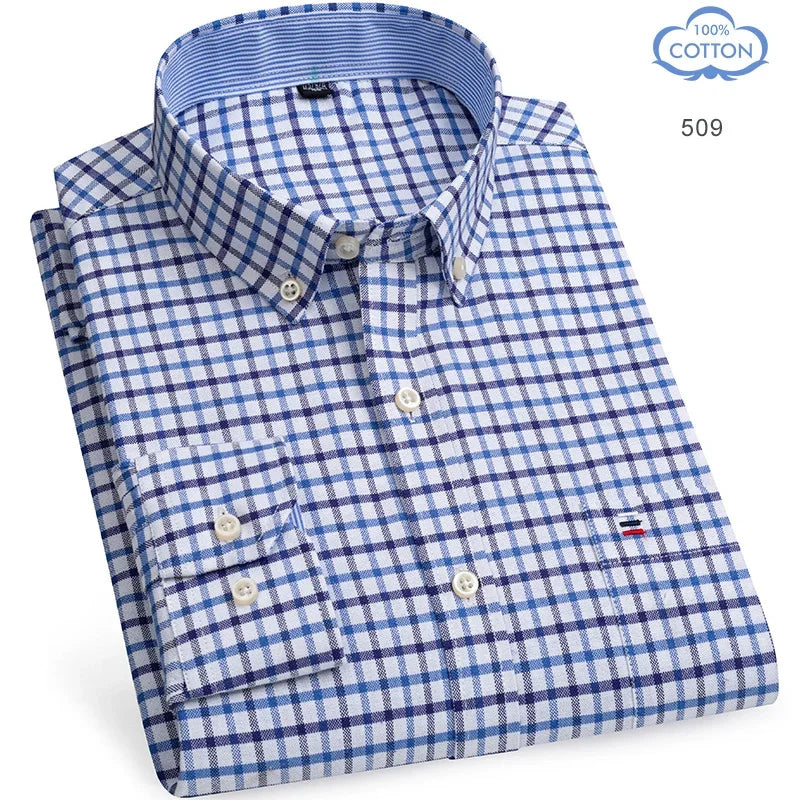 100 Percent Cotton Oxford Shirt For Men Long Sleeve Plaid Pattern Business Office Wear Smart Casual