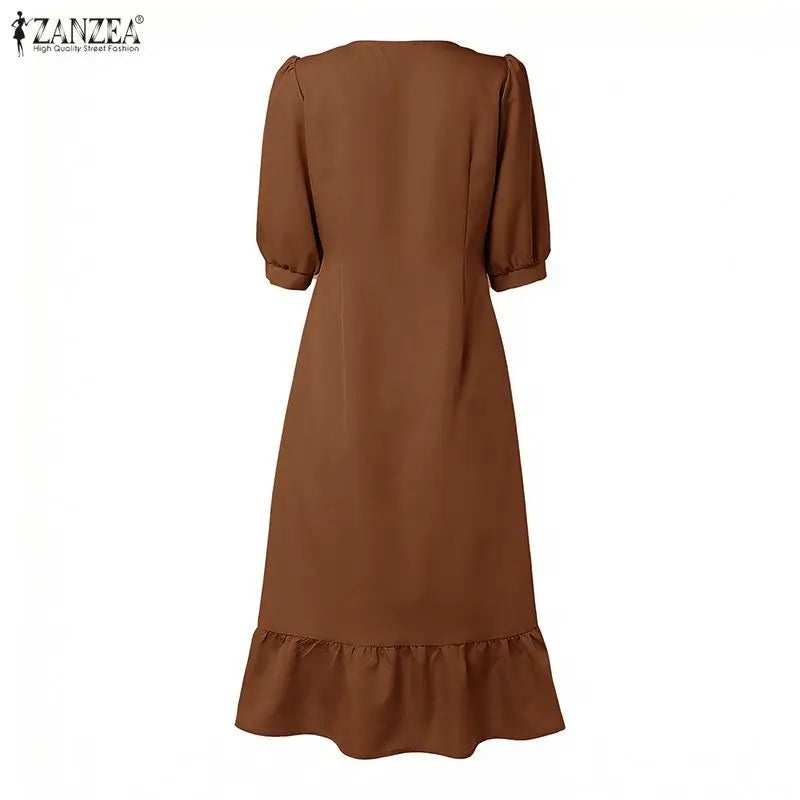 Women A-Line Midi Dress V-Neck 3/4 Puff Sleeve Cinched Waist Ruffled Hem Dresses ZANZEA Summer Elegant Casual Commute Robe Femme