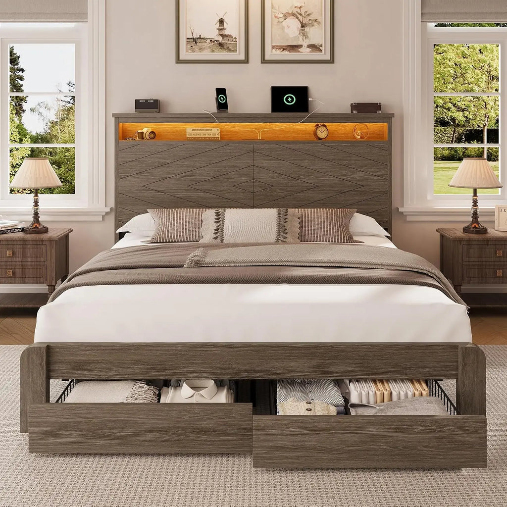 Queen Wooden Platform Bed with Headboard, 2 Drawers, LED Light, USB Charging, Easy Assembly, No Box Spring, Customized