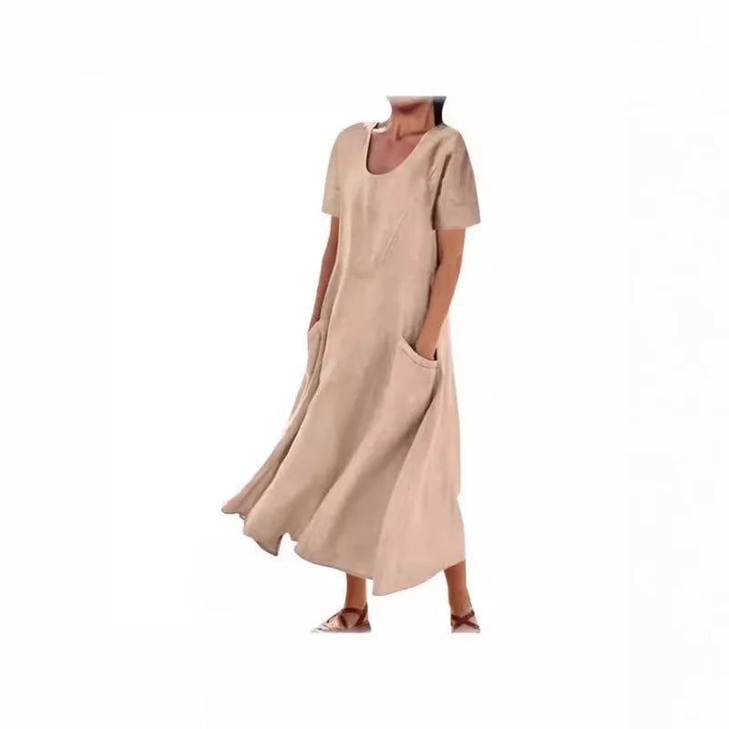 Women Solid Cotton Linen Round Neck Short Sleeve Loose Flowy Maxi Dress EU US Gown