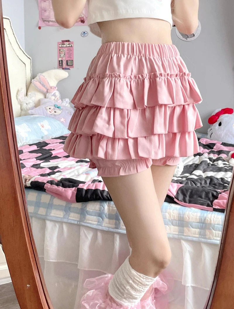 Pastel Tiered Ruffle Mini Skirt with Built-in Bloomer Shorts Layered Frill Skort Women Soft-Girl Kawaii Lolita Jirai Kei Sukapan