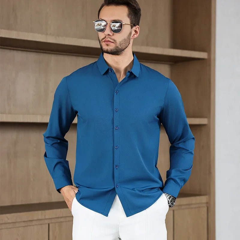 New Men'S Business Casual Long Sleeved Solid Color Shirt Wrinkle Resistant Wrinkle Free Comfortable All Season Versatile Top