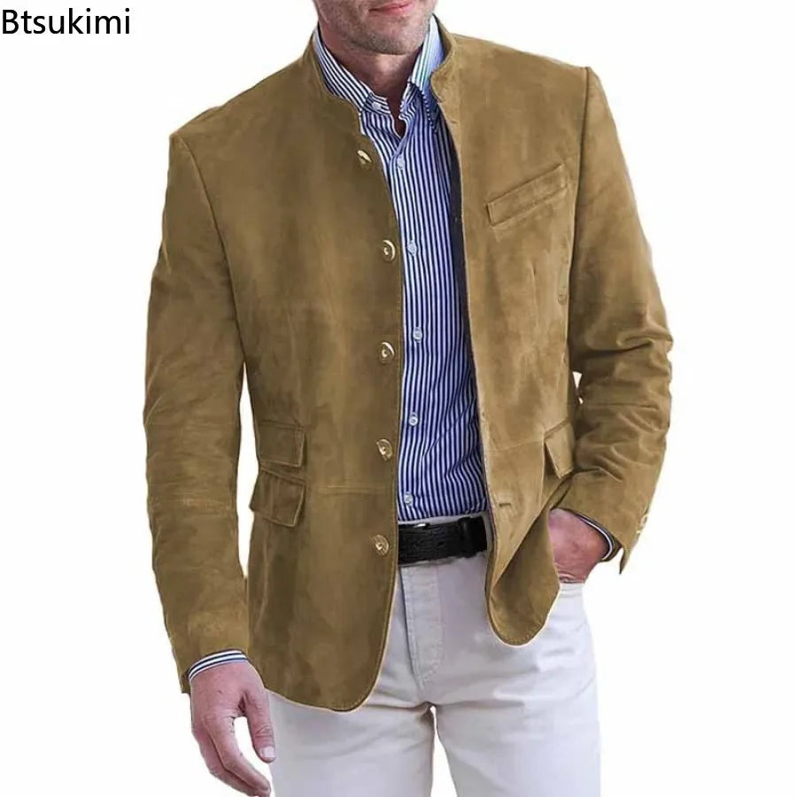 New Men's Business Casual Suit Jacket Autumn Winter Fashion Commuter Daily Basic Blazer Solid Stand Collar Jacket Men's Clothing