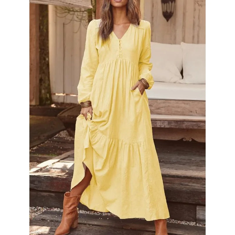 Loose Long Sleeve Cotton Linen Dress Retro Button Spring Autumn Vacation Women Skirt
