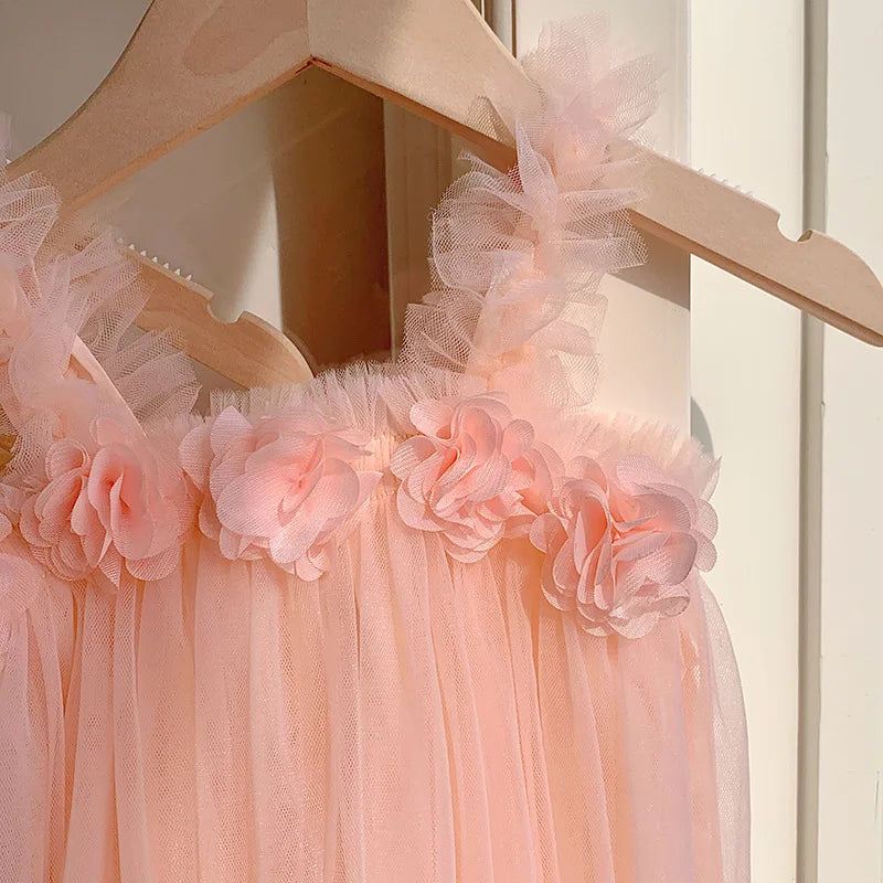 Kids Sweet Mesh Dress 1-6T Summer Children Mesh Tulle Princess Slip Tutu Dresses Girls 6 Colors 3D Flower Mermaid Birthday Dress