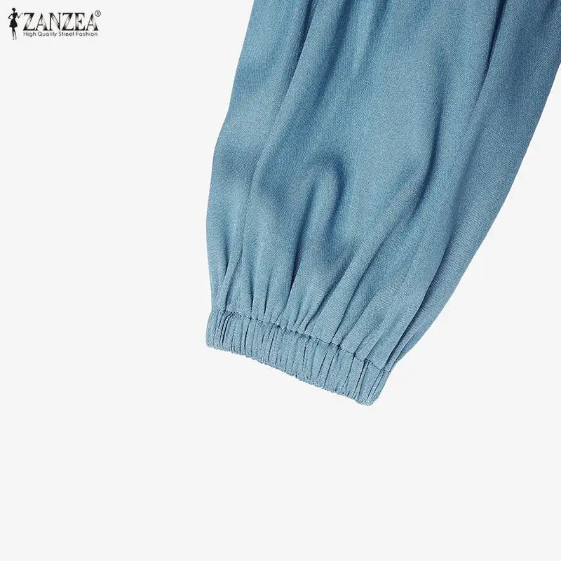 Modest Fashion Women Denim-Like Maxi Dress O-Neck Lantern Sleeve Button Up Abaya Robes ZANZEA Muslim Islamic Hijabis Kaftan