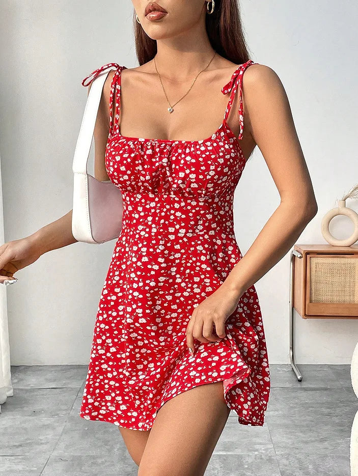 Women Sleeveless Cami Dress Floral Printed Tie Strap Square Neck Ruched Flowy Short Dress for Beach Vacation