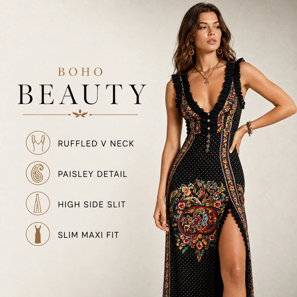 Women's Boho Paisley Print Maxi Dress Deep V-Neck Sleeveless Ruffle Trim High Slit Summer Vacation Resort Cocktail Dress