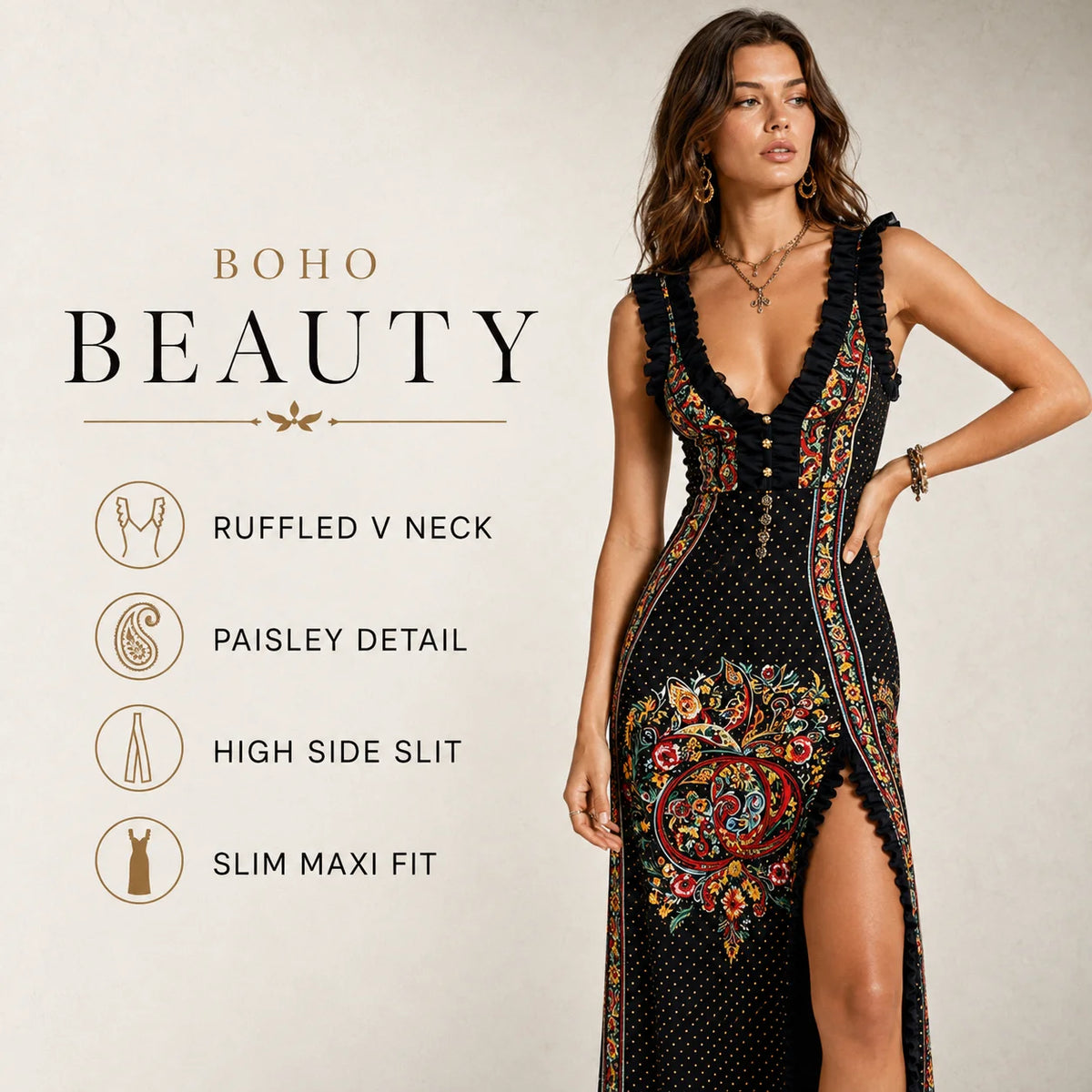 Women's Boho Paisley Print Maxi Dress Deep V-Neck Sleeveless Ruffle Trim High Slit Summer Vacation Resort Cocktail Dress