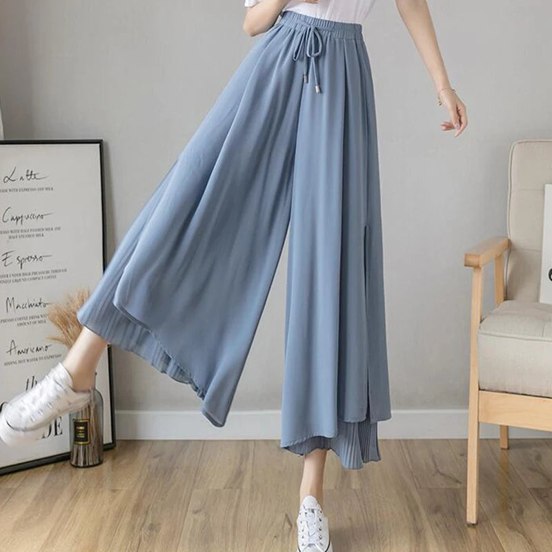 Summer Elastic Pleated Skirt Women Chiffon Trouser Skirt High Waist Casual Wide Leg Pants Fashion Streetwear Pants Pantalones