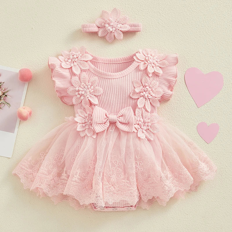 Maemukilabe Baby Girl Lace Tulle Romper Dress With Headband For Toddler Girls 1 To 2 Years Floral Bow