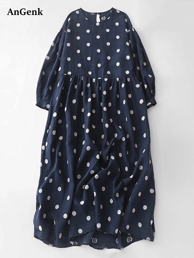 Cotton Vintage Polka Dot Dresses For Women New Korean Long Sleeve Loose Casual Dress Vestidos Elegant Clothes Spring Autumn 2026