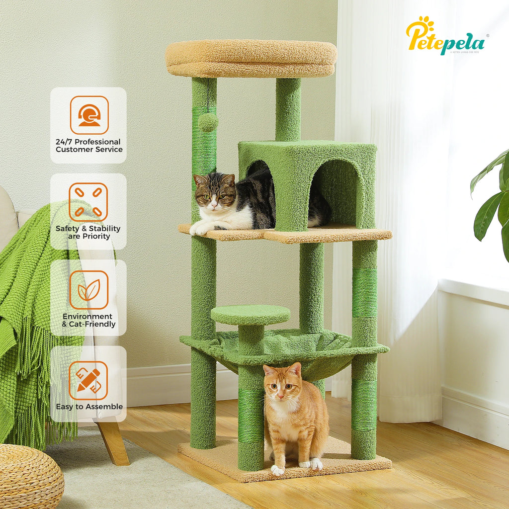 Cactus Cat Tree Tower for Large Cats with Metal Plush Big Hammock for Indoor Cats with 2 Door Condo House with Large Top Perch