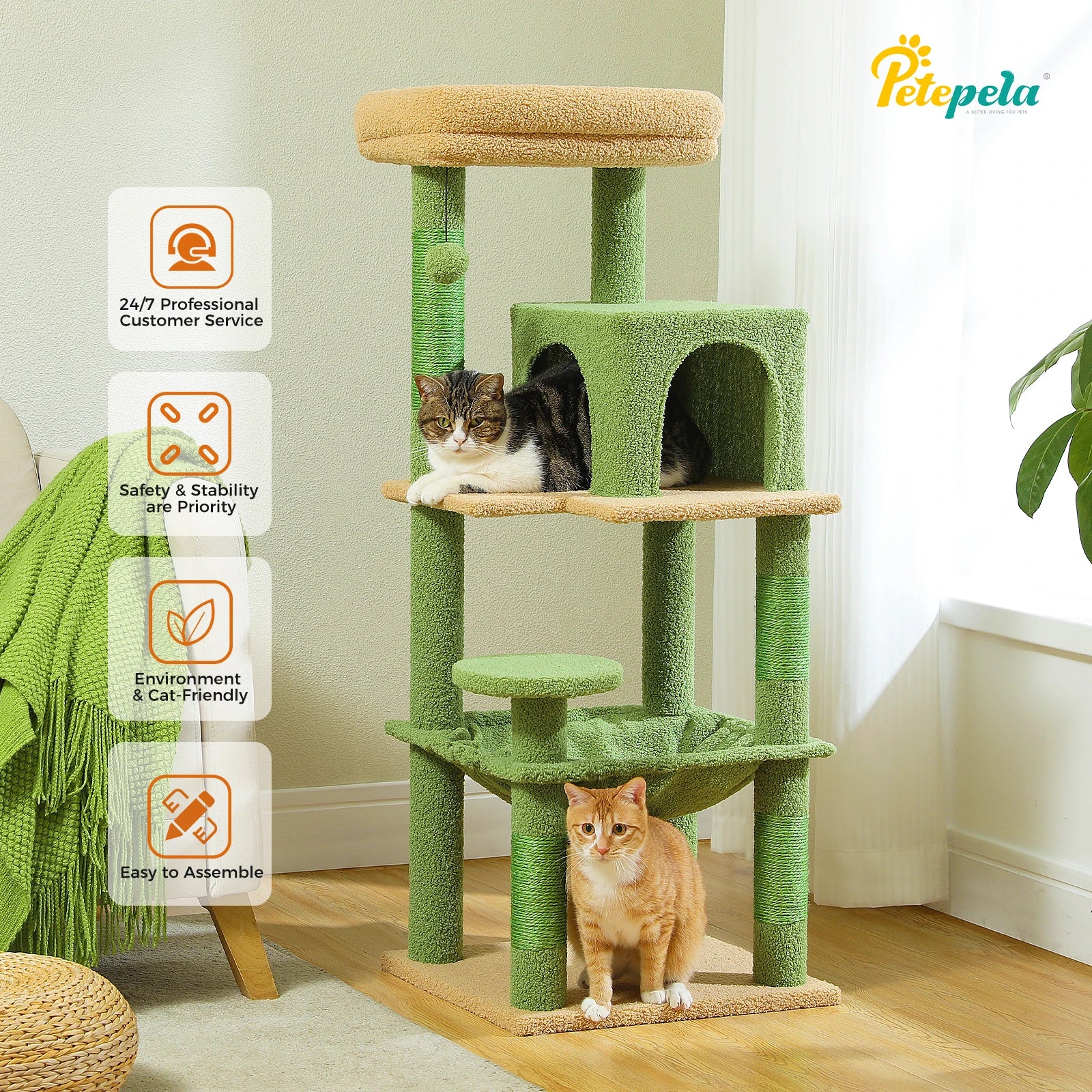 Cactus Cat Tree Tower for Large Cats with Metal Plush Big Hammock for Indoor Cats with 2 Door Condo House with Large Top Perch