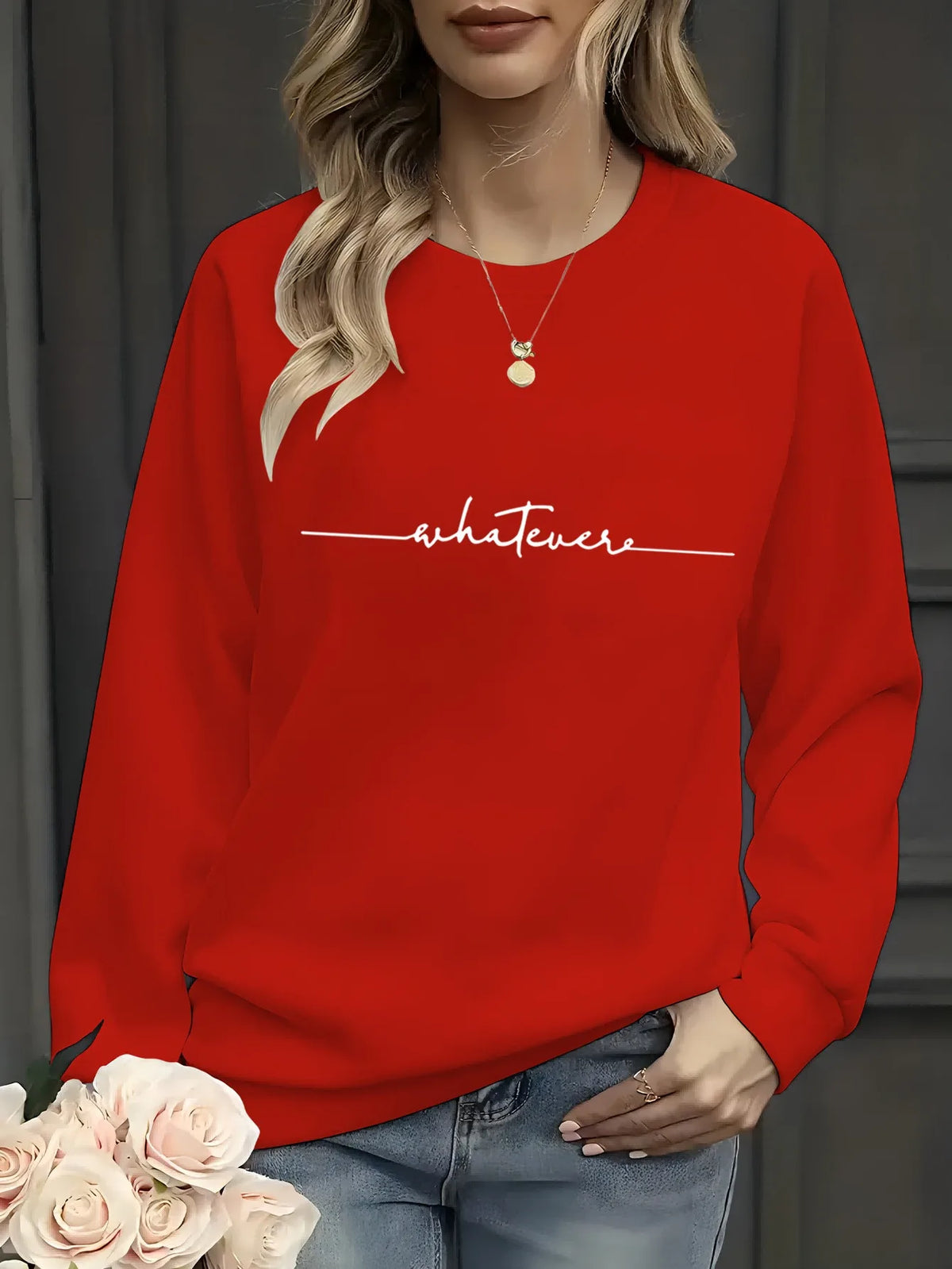 Women's Casual Heart Print Pullover Sweatshirt - Long Sleeve Knit