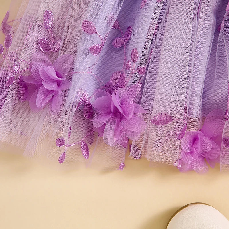 Toddler Baby Girls Birthday Party Sleeveless Dress Summer 3D Flowers Cute Tulle Princess A-Line Dress with Butterfly Wing