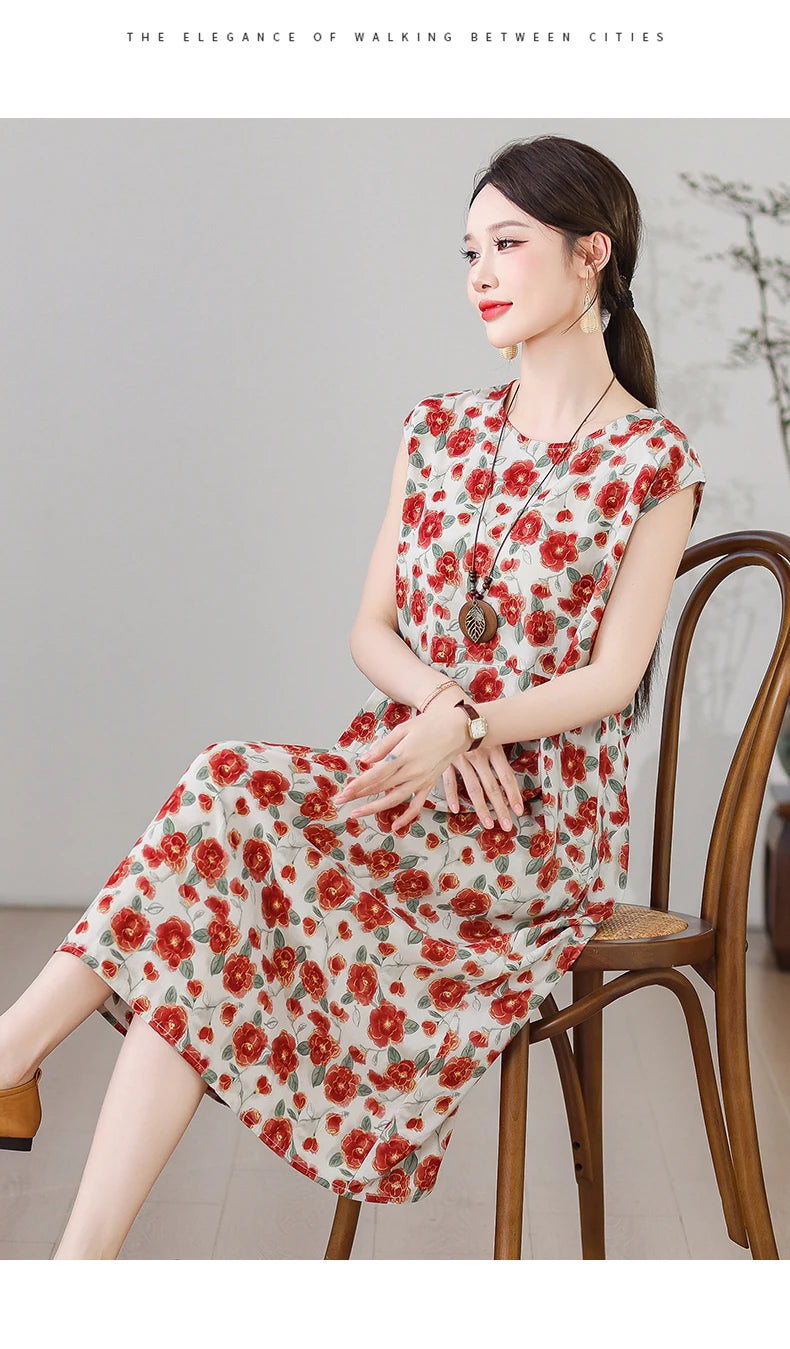 New Fashion Vintage Floral Print  Sleeveless Casual Party Femme Summer Dresses For Women 2025 O-neck Straight Women Clothing