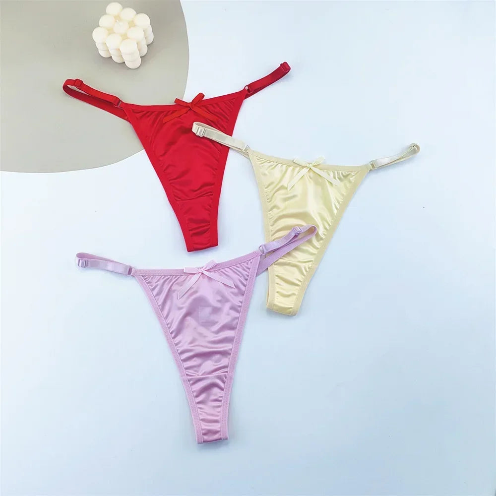 3PCS Women's Adjustable Satin G-String Thong Panties - Low-Rise Bow