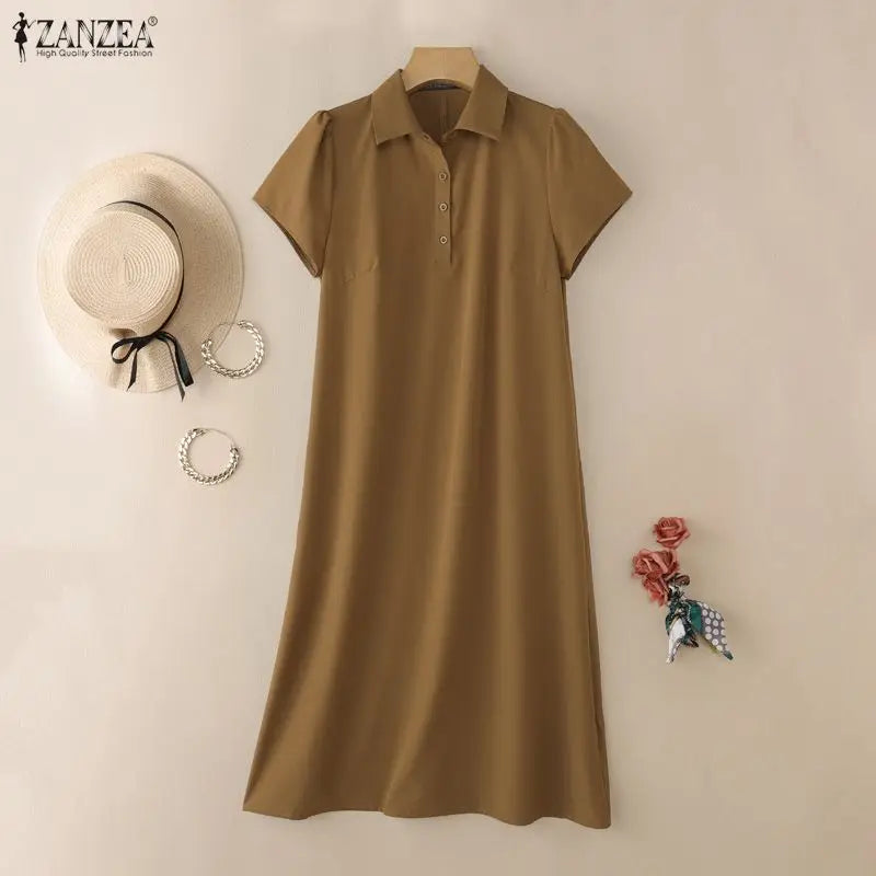 Women Casual Midi Shirt Dress Turn-Down Collar Half Button Short Sleeve Solid Color Dresses ZANZEA Summer Commute Wear Vestidos