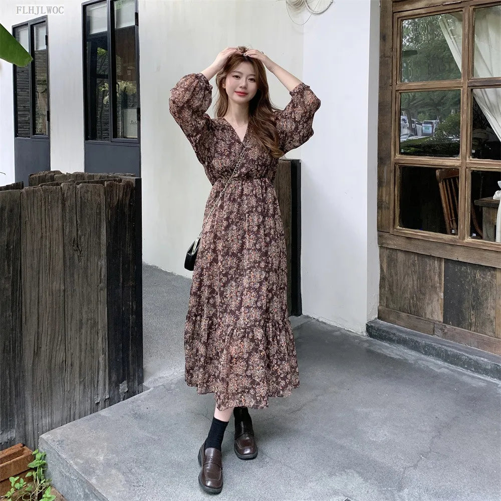 Chic Korean Clothes Design 2022 Autumn Spring Womens V Neck Elegant Lady Floral Printed Retro Vintage Long Maxi Dress