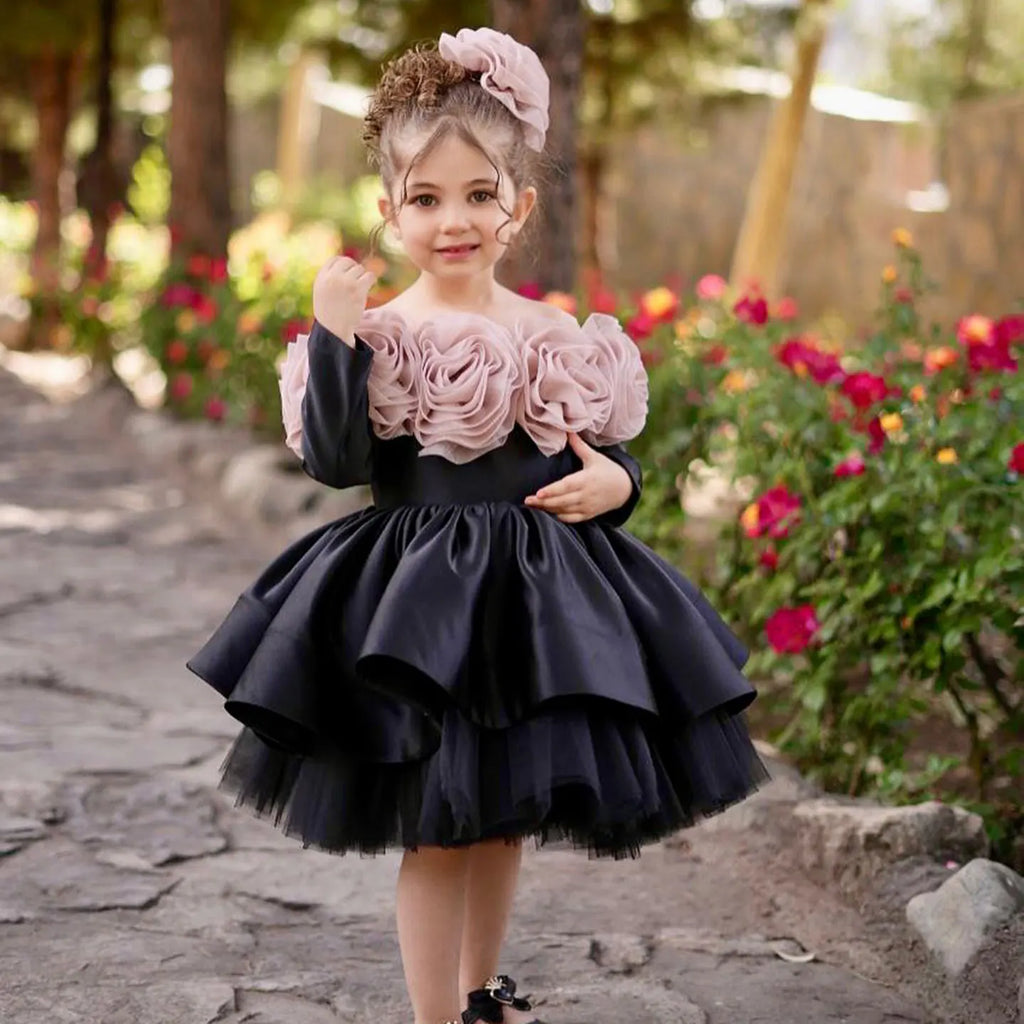 Dreamy Vow D134 Elegant Black Off Shoulder Baby Girl Dress with 3D Flowers Birthday Party Knee-Length Long Sleeve Prom Dress