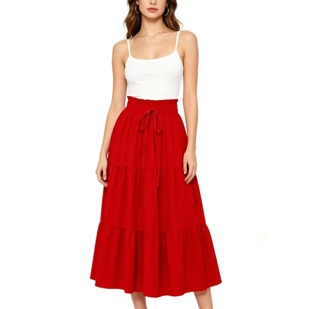 Elegant High Waist A-Line Midi Skirt with Drawstring Pure Color Women's Fashionable Versatile Half-length Skirt for Casual Tr...
