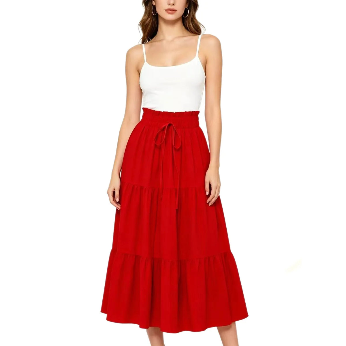 Elegant High Waist A-Line Midi Skirt with Drawstring Pure Color Women's Fashionable Versatile Half-length Skirt for Casual Tr...