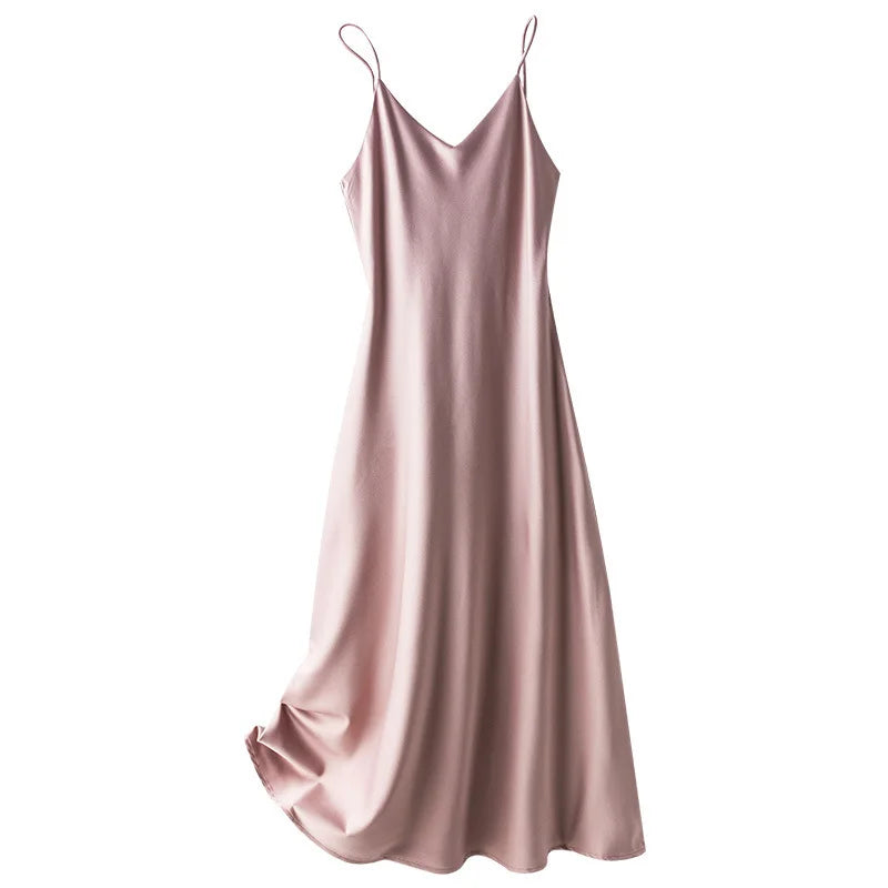 Sexy Solid Color Camisole Nightgown for Women Midi Length Sleeveless Slip Dress Inner Layer Base Dress Home Sleepwear Nightwear