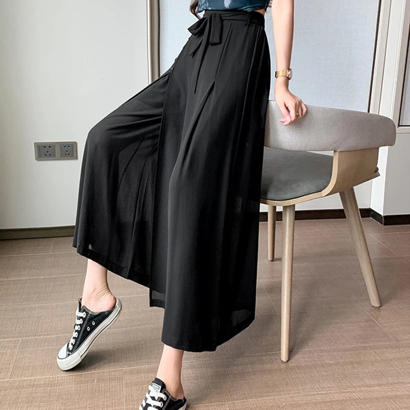 Summer Elastic Pleated Skirt Women Chiffon Trouser Skirt High Waist Casual Wide Leg Pants Fashion Streetwear Pants Pantalones