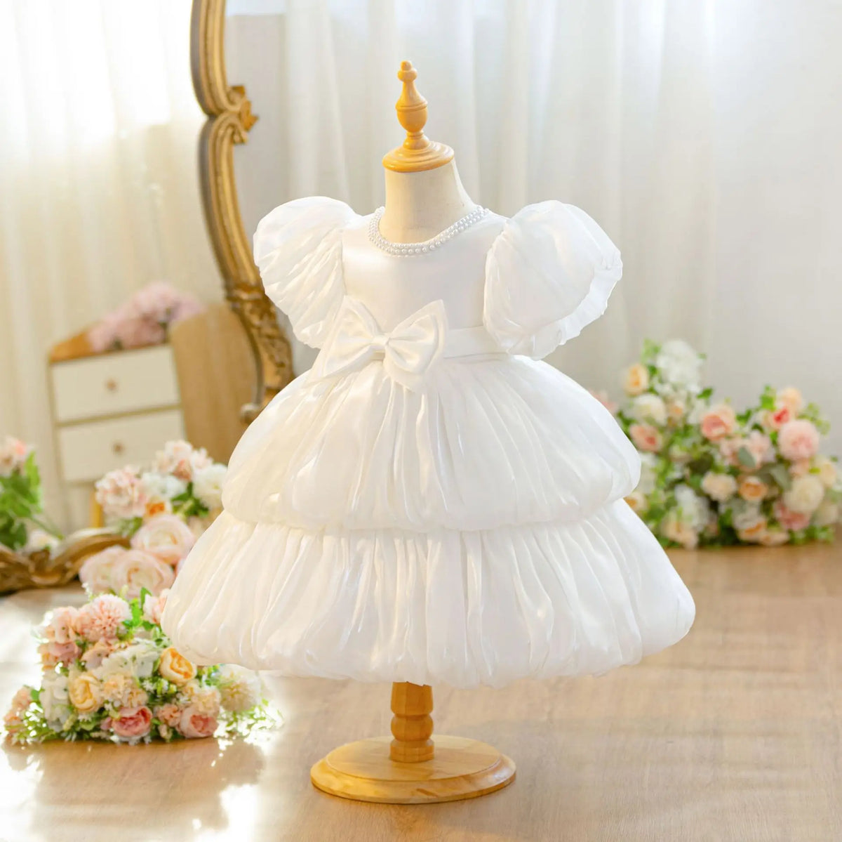 Hetiso Baby Girls Party Dress Puff Sleeve Newborn Birthday Ball Gown Beading Infant Christmas Holiday Frocks 0-2 Years