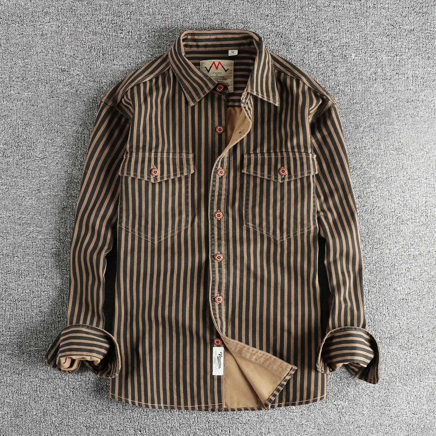 Men's Retro Stripe Long Sleeve Shirt With Multi Pocket Washed Casual Fashion For Men
